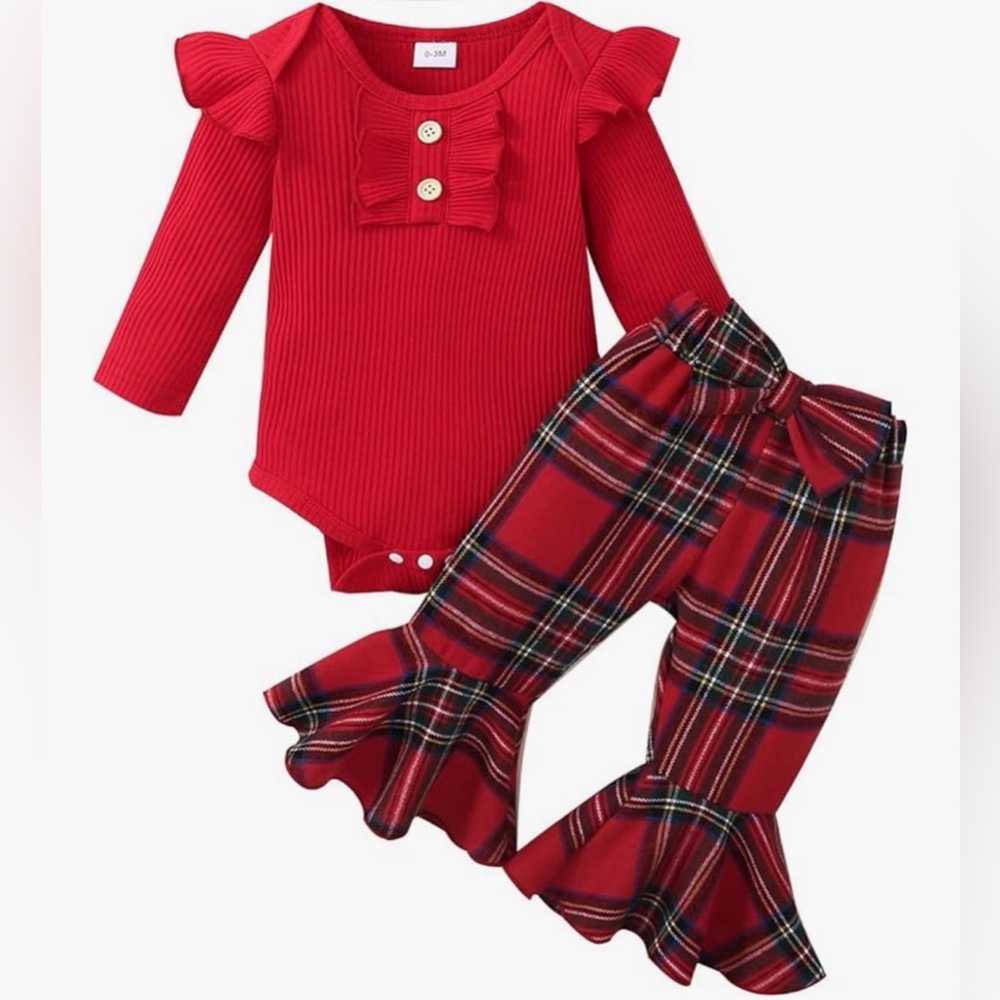 Kuriozud Baby Girl Bell Bottom Outfit Christmas Red Plaid Flare Pants Set